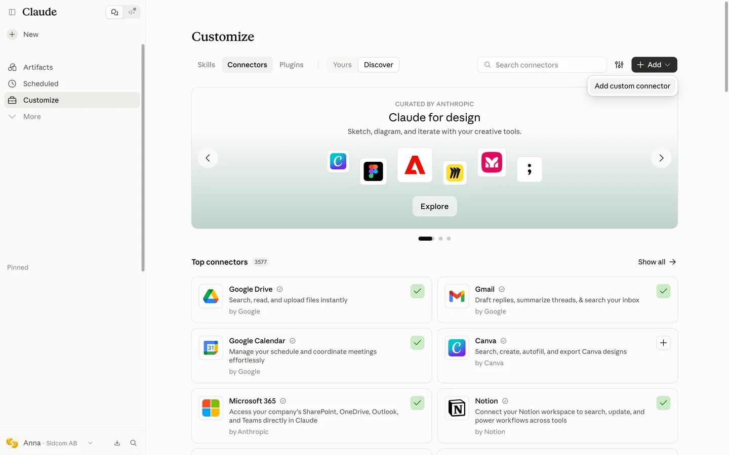 Click Add custom connector