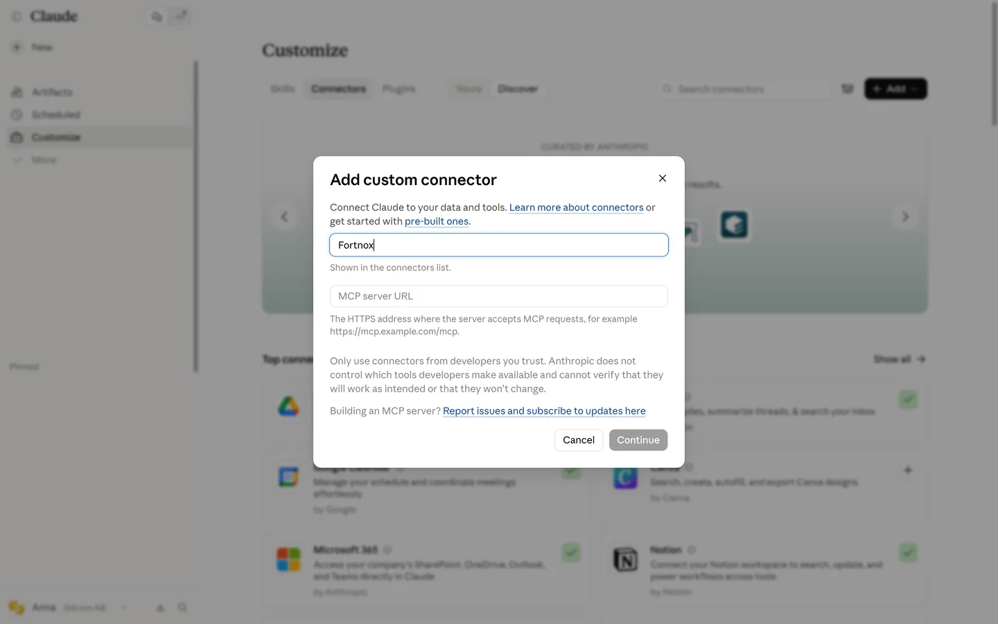 Type in MCP server URL