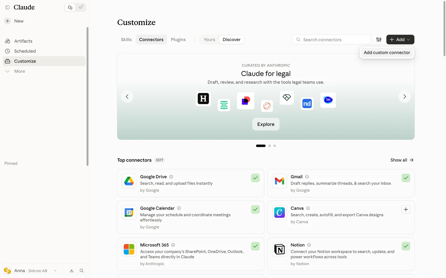 Click Add custom connector