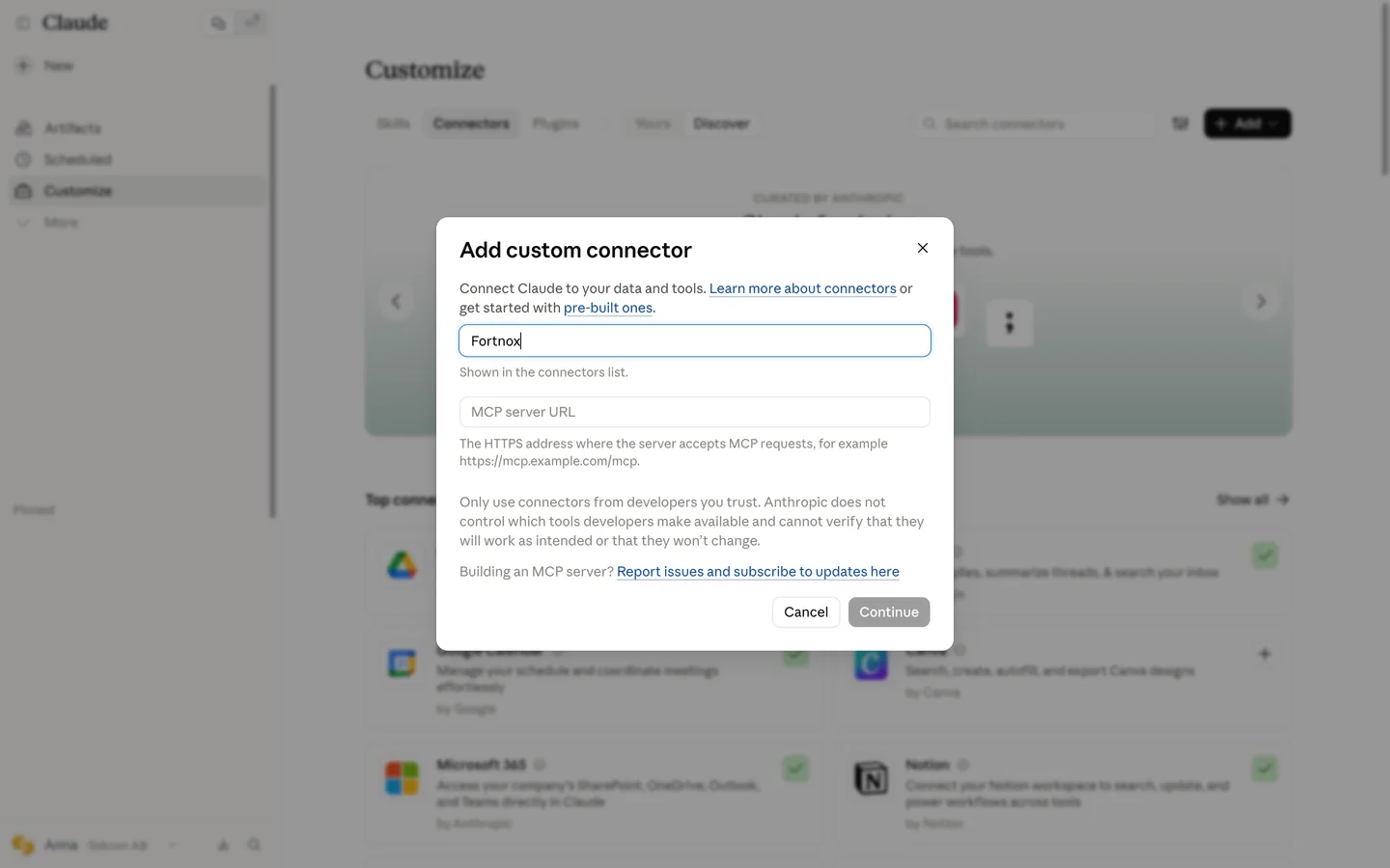 Type in MCP server URL