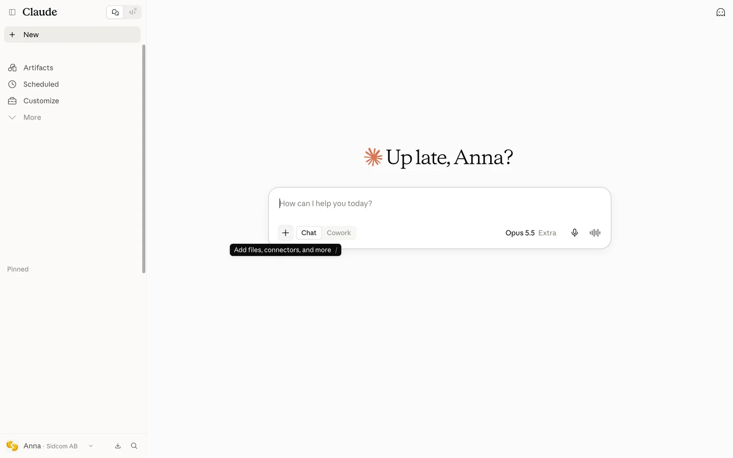 Klicka på Add files, connectors, and more